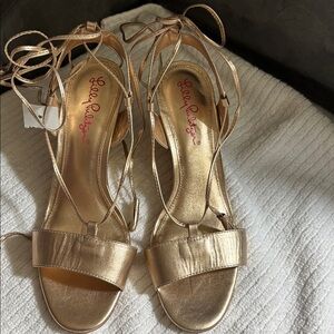 LILLY PULITZER Sandals Strappy Cork Wedge Heel Shoes Sz 7M Gold
